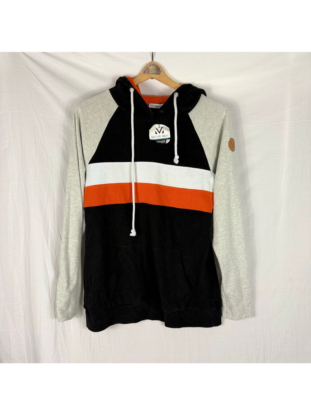 NWT Michelle Mae Hoodie Small Black Gray Orange Colorblock Pocket on Front